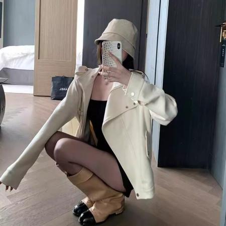 FA45026# titi小姐姐白巧恋人麂皮外套女秋米白色设计感机车风宽松夹克 服裝批發女裝批發服飾貨源