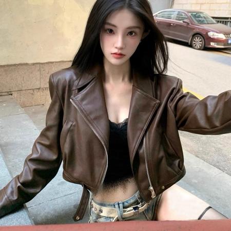 FA45027# 美式辣妹黑色皮衣外套女春秋小个子短款机车PU皮夹克甜酷上衣 服裝批發女裝批發服飾貨源