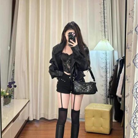 FA45027# 美式辣妹黑色皮衣外套女春秋小个子短款机车PU皮夹克甜酷上衣 服裝批發女裝批發服飾貨源