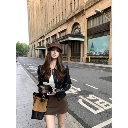 FA45028# 休斯顿街皮衣外套女秋季黑色小个子机车风短款正肩夹克 服裝批發女裝批發服飾貨源