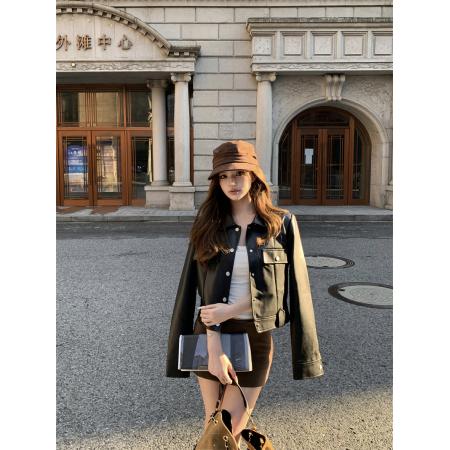 FA45028# 休斯顿街皮衣外套女秋季黑色小个子机车风短款正肩夹克 服裝批發女裝批發服飾貨源