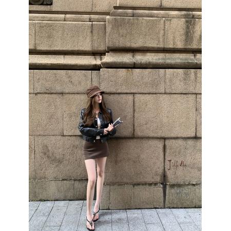 FA45028# 休斯顿街皮衣外套女秋季黑色小个子机车风短款正肩夹克 服裝批發女裝批發服飾貨源