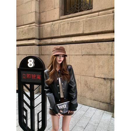 FA45028# 休斯顿街皮衣外套女秋季黑色小个子机车风短款正肩夹克 服裝批發女裝批發服飾貨源