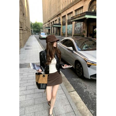 FA45028# 休斯顿街皮衣外套女秋季黑色小个子机车风短款正肩夹克 服裝批發女裝批發服飾貨源