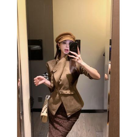 FA45029# 修身显瘦美式辣妹高级翻领长袖麂皮绒开衫外套机车夹克 服裝批發女裝批發服飾貨源