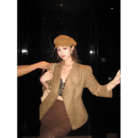 FA45029# 修身显瘦美式辣妹高级翻领长袖麂皮绒开衫外套机车夹克 服裝批發女裝批發服飾貨源