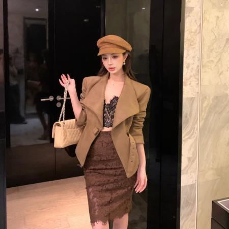 FA45029# 修身显瘦美式辣妹高级翻领长袖麂皮绒开衫外套机车夹克 服裝批發女裝批發服飾貨源