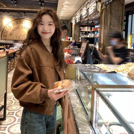 FA45032# 美式复古麂皮绒棒球服外套女秋季新款小个子短款机车服夹克衫 服裝批發女裝批發服飾貨源