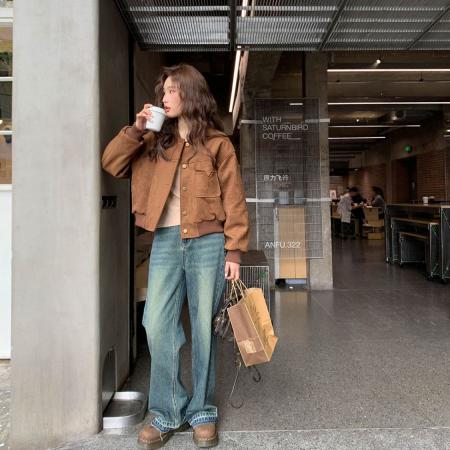 FA45032# 美式复古麂皮绒棒球服外套女秋季新款小个子短款机车服夹克衫 服裝批發女裝批發服飾貨源