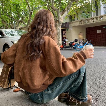 FA45032# 美式复古麂皮绒棒球服外套女秋季新款小个子短款机车服夹克衫 服裝批發女裝批發服飾貨源