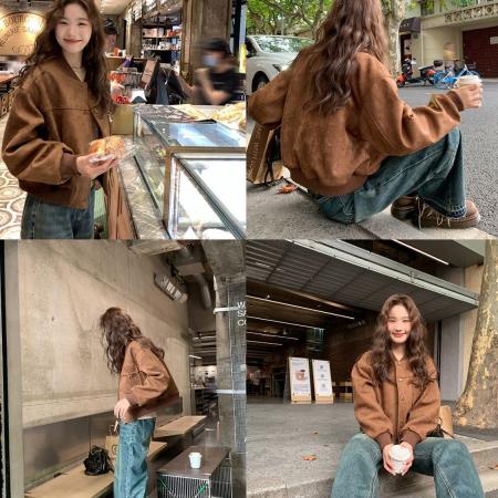 FA45032# 美式复古麂皮绒棒球服外套女秋季新款小个子短款机车服夹克衫 服裝批發女裝批發服飾貨源