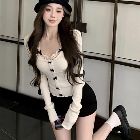 FA45034# 纯欲假两件蝴蝶结蕾丝拼接系带挂脖上衣T恤秋季打底衫 服裝批發女裝批發服飾貨源