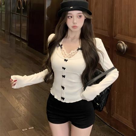 FA45034# 纯欲假两件蝴蝶结蕾丝拼接系带挂脖上衣T恤秋季打底衫 服裝批發女裝批發服飾貨源