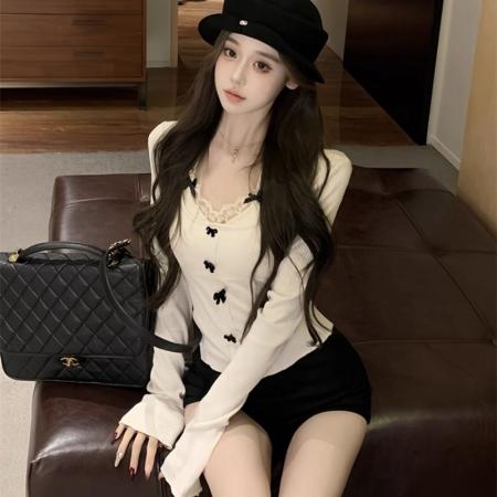 FA45034# 纯欲假两件蝴蝶结蕾丝拼接系带挂脖上衣T恤秋季打底衫 服裝批發女裝批發服飾貨源