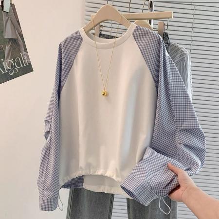 FA45035# 设计感格子拼接正肩卫衣女冬季新款女装遮肚显瘦巨好看上衣 服裝批發女裝批發服飾貨源