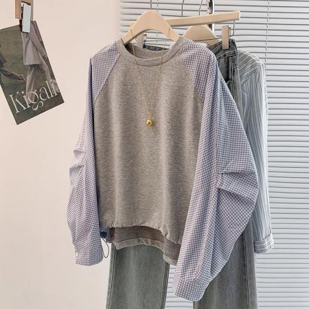 FA45035# 设计感格子拼接正肩卫衣女冬季新款女装遮肚显瘦巨好看上衣 服裝批發女裝批發服飾貨源