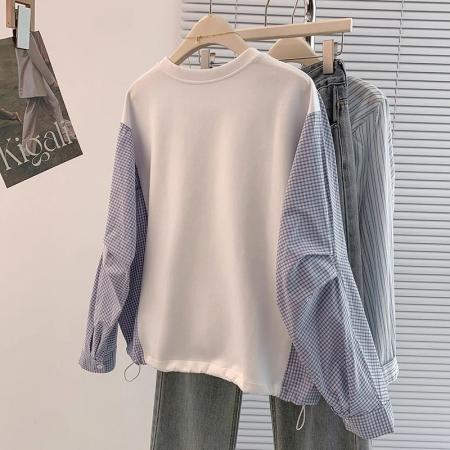 FA45035# 设计感格子拼接正肩卫衣女冬季新款女装遮肚显瘦巨好看上衣 服裝批發女裝批發服飾貨源