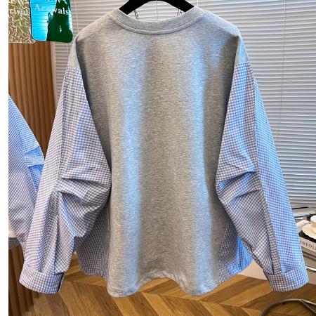 FA45035# 设计感格子拼接正肩卫衣女冬季新款女装遮肚显瘦巨好看上衣 服裝批發女裝批發服飾貨源