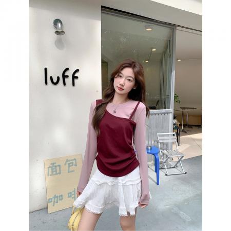 FA45036# 原版做工粉色吊带假两件长袖女秋新纯欲显瘦设计感温柔上衣 服裝批發女裝批發服飾貨源