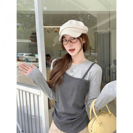 FA45036# 原版做工粉色吊带假两件长袖女秋新纯欲显瘦设计感温柔上衣 服裝批發女裝批發服飾貨源