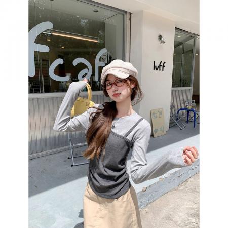 FA45036# 原版做工粉色吊带假两件长袖女秋新纯欲显瘦设计感温柔上衣 服裝批發女裝批發服飾貨源
