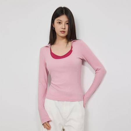 FA45038# 韩版秋季撞色长袖t恤女气质修身显瘦真两件上衣打底衫 服裝批發女裝批發服飾貨源