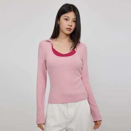 FA45038# 韩版秋季撞色长袖t恤女气质修身显瘦真两件上衣打底衫 服裝批發女裝批發服飾貨源