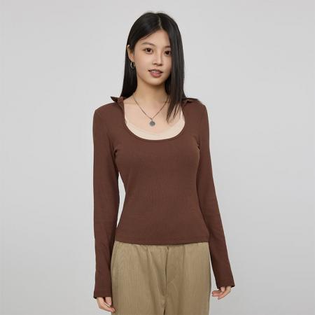 FA45038# 韩版秋季撞色长袖t恤女气质修身显瘦真两件上衣打底衫 服裝批發女裝批發服飾貨源