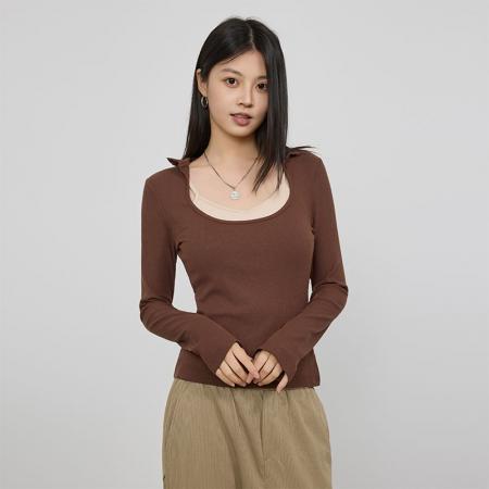FA45038# 韩版秋季撞色长袖t恤女气质修身显瘦真两件上衣打底衫 服裝批發女裝批發服飾貨源