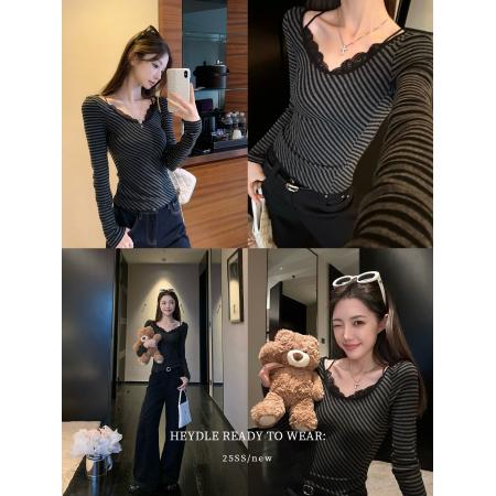 FA45039# 蕾丝拼接设计假两件T恤条纹修身显瘦打底上衣 服裝批發女裝批發服飾貨源