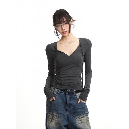 FA45040# 260克人棉韩系灰色U领绑带设计感长袖T恤女早秋辣妹修身短款上衣 服裝批發女裝批發服飾貨源
