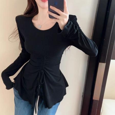 FA45045# 垫肩打底衫女秋冬长袖t恤黑色显瘦设计感小众收腰抽绳上衣设计感 服裝批發女裝批發服飾貨源