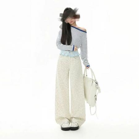 FA45047# 白色豹纹设计感休闲长裤女新款秋冬季百搭自带小裙摆裤子 服裝批發女裝批發服飾貨源