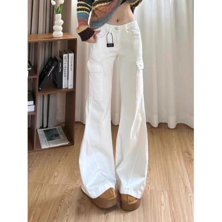 FA45052# 美式复古白色微喇工装牛仔裤女秋季新款多口袋喇叭拖地长裤子 服裝批發女裝批發服飾貨源