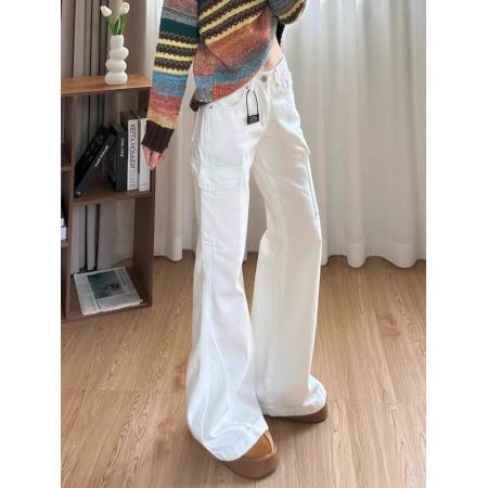 FA45052# 美式复古白色微喇工装牛仔裤女秋季新款多口袋喇叭拖地长裤子 服裝批發女裝批發服飾貨源