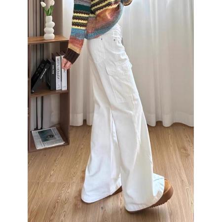 FA45052# 美式复古白色微喇工装牛仔裤女秋季新款多口袋喇叭拖地长裤子 服裝批發女裝批發服飾貨源