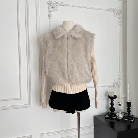 FA45057# 甄选西班牙进口国王托卡三色直毛皮毛一体外套袖子可脱卸马甲 服裝批發女裝批發服飾貨源