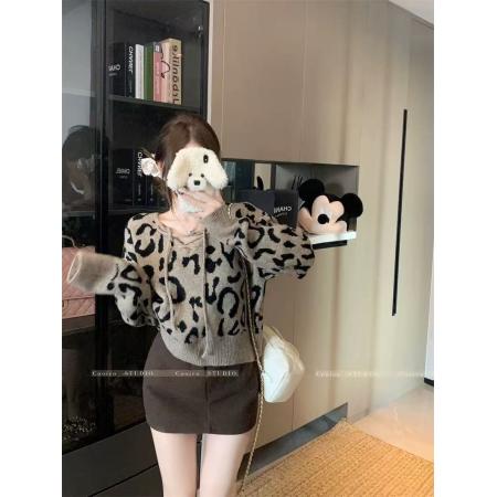 FA45069# 韩版秋冬新款复古豹纹穿绳设计感软糯舒适长袖针织衫短款毛衣 服裝批發女裝批發服飾貨源