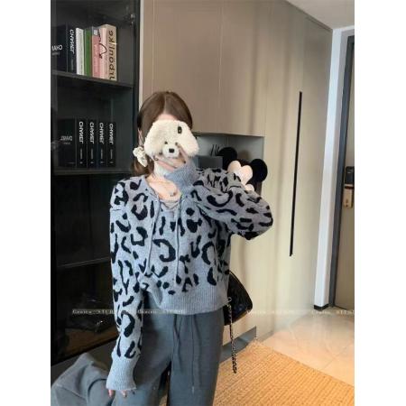 FA45069# 韩版秋冬新款复古豹纹穿绳设计感软糯舒适长袖针织衫短款毛衣 服裝批發女裝批發服飾貨源