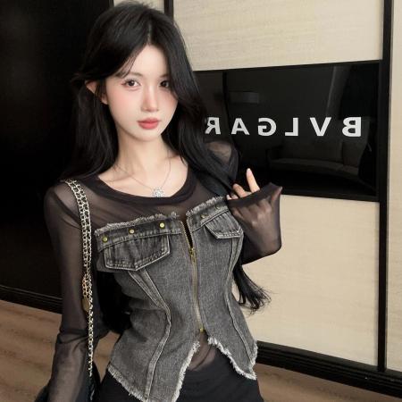 FA45073# 美式复古风时髦精柳钉拉链牛仔拼接网纱独特上衣 服裝批發女裝批發服飾貨源
