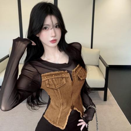 FA45073# 美式复古风时髦精柳钉拉链牛仔拼接网纱独特上衣 服裝批發女裝批發服飾貨源