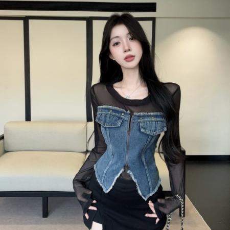 FA45073# 美式复古风时髦精柳钉拉链牛仔拼接网纱独特上衣 服裝批發女裝批發服飾貨源