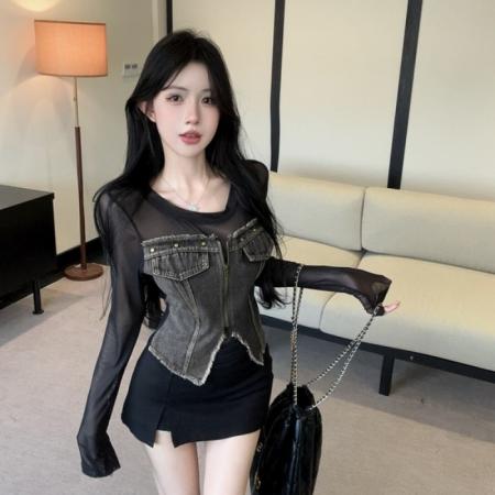 FA45073# 美式复古风时髦精柳钉拉链牛仔拼接网纱独特上衣 服裝批發女裝批發服飾貨源