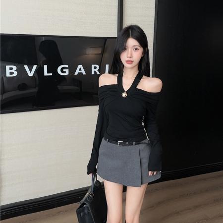 FA45074# 辣妹黑色V领修身打底衫设计感挂脖上衣 服裝批發女裝批發服飾貨源