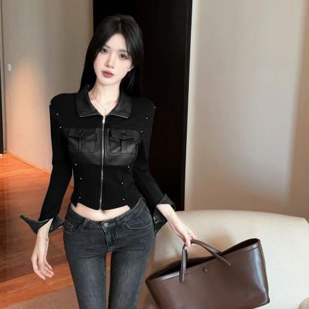 FA45076# 酷飒辣妹皮拼接长袖加绒衬衫设计感显瘦修身短小外套 服裝批發女裝批發服飾貨源