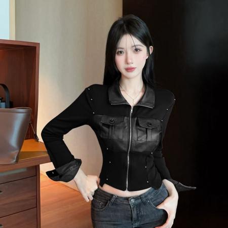 FA45076# 酷飒辣妹皮拼接长袖加绒衬衫设计感显瘦修身短小外套 服裝批發女裝批發服飾貨源