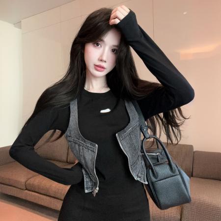FA45077# 新款欧货设计师款复古甜酷辣妹拼牛仔T恤上衣女潮百搭 服裝批發女裝批發服飾貨源