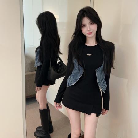 FA45077# 新款欧货设计师款复古甜酷辣妹拼牛仔T恤上衣女潮百搭 服裝批發女裝批發服飾貨源