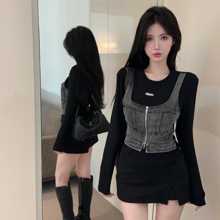 FA45077# 新款欧货设计师款复古甜酷辣妹拼牛仔T恤上衣女潮百搭 服裝批發女裝批發服飾貨源