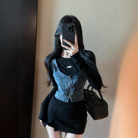 FA45077# 新款欧货设计师款复古甜酷辣妹拼牛仔T恤上衣女潮百搭 服裝批發女裝批發服飾貨源